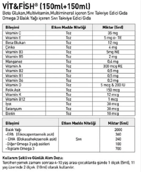 Vit&Fish Omega 3 Balık Yağı 150 ml + Beta Glukan Multivitamin & Multimineral 150 ml - Resim 2