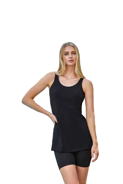 LAPIENO Kadın Düz renk Askılı Kısa Şort Taytlı Mayo 3855 - 2