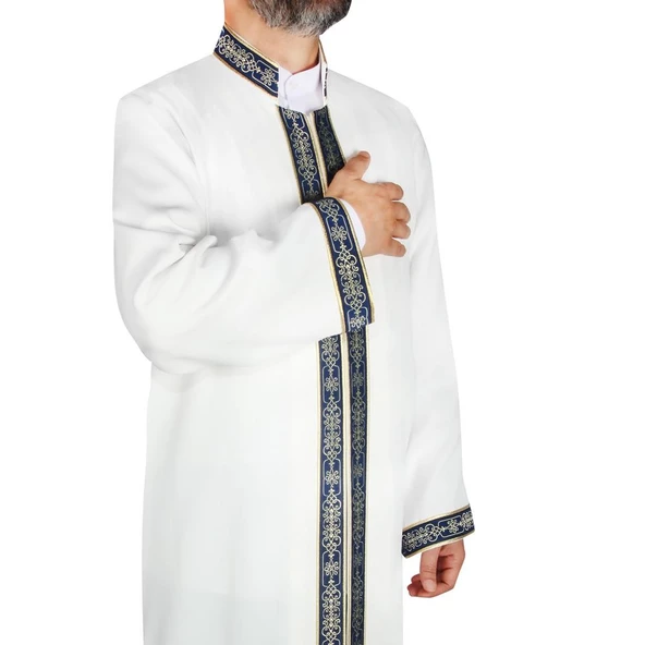 İmam Cübbesi Kemik - Rengi Lacivert Biyeli Bordürlü - 3