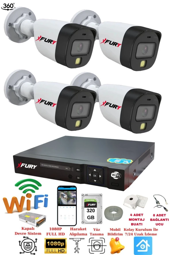 FURY 4 Kameralı 1080P 2Mp Görüntü Gece Renkli Full Hd Ultra Led Gece Renkli Güvenlik Kamerası Seti 320GB - 2