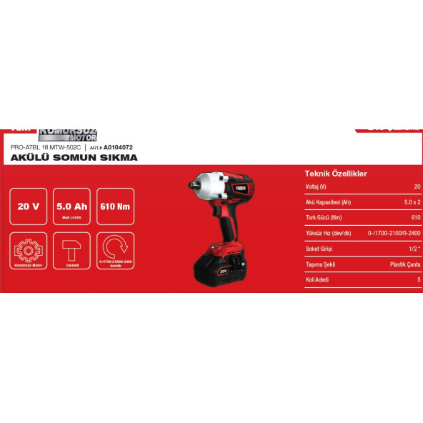 Attlas Pro Atbl 18 Mtıw-502 C Akülü Darbeli Somun Sıkma 600 Nm - 2