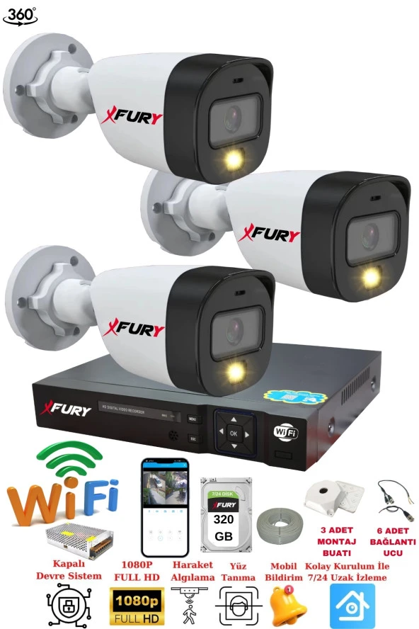 FURY 3 Kameralı 1080P 2Mp Görüntü Gece Renkli FullHd Ultra Led Gece Renkli Güvenlik Kamera Seti 320 ürün görseli