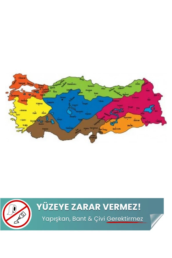 Türkiye Bölgeler Haritası, Renkli Harita, Yüzeye Zarar Vermeyen Yapışkansız Sihirli Akıllı Kağıt