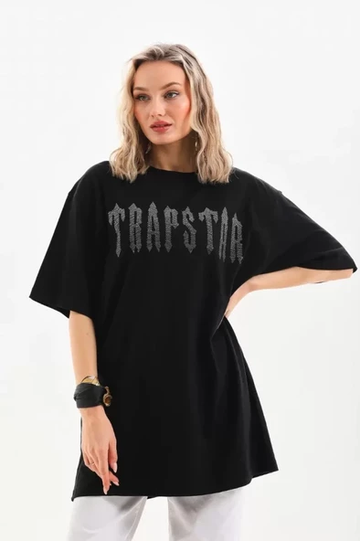 Unisex Taş Desenli Oversize T-Shirt - Siyah