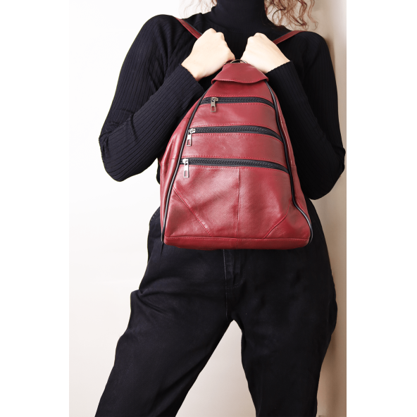 Kadın Bordo Ayarlanabilir Askılı Deri Sırt Çantası Omuz Çantası Kol Çantası Postacı Çanta - 3