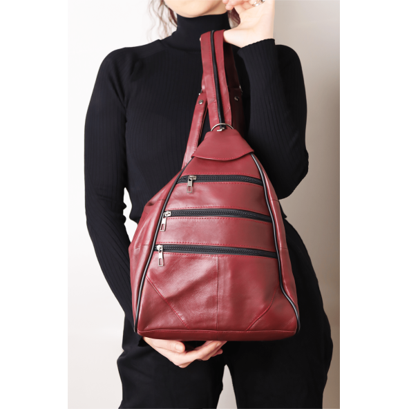 Kadın Bordo Ayarlanabilir Askılı Deri Sırt Çantası Omuz Çantası Kol Çantası Postacı Çanta - 4