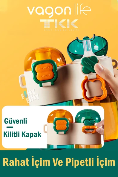 TKK Tek Gövde Çift Hazne 2*400 800ml Sıvı Kapasiteli Boyun Askılı Pipetli /Rahat içim Tritan Matara - 12