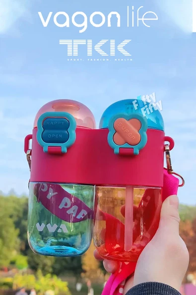 TKK Tek Gövde Çift Hazne 2*400 800ml Sıvı Kapasiteli Boyun Askılı Pipetli /Rahat içim Tritan Matara - 6