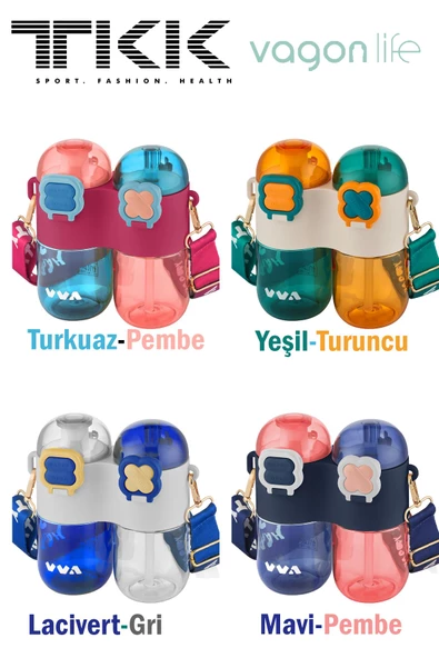 TKK Tek Gövde Çift Hazne 2*400 800ml Sıvı Kapasiteli Boyun Askılı Pipetli /Rahat içim Tritan Matara - 8