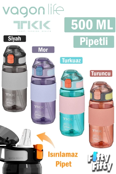 TKK 500 ML Kalın Isırılamaz Pipetli Bpa İçermeyen Taşıma Kulplu Tritan Su Matarası FFTKK1003-500ML