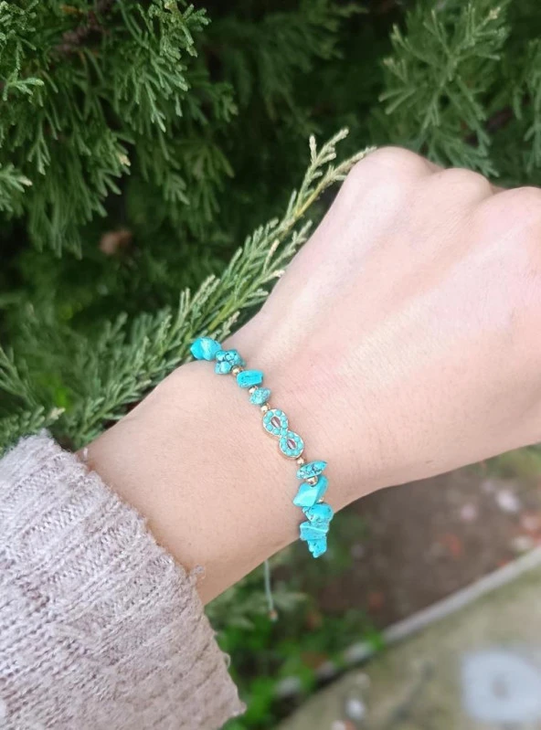 Bileklik Sonsuzluk Model Kırık Dogal Taş Turkuaz Ayarlanabilir İp Bileklik Hediye Takı - 2