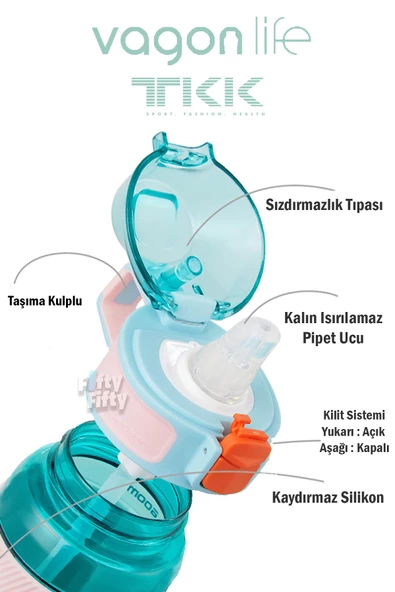 TKK 800 ML Kalın Isırılamaz Pipetli Bpa İçermeyen Taşıma Kulplu Tritan Su Matarası FFTKK1003-800ML - 7