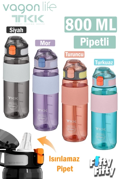 TKK 800 ML Kalın Isırılamaz Pipetli Bpa İçermeyen Taşıma Kulplu Tritan Su Matarası FFTKK1003-800ML - 6