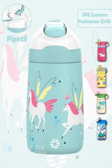 Vagonlife Çocuk 350 ML Pipetli Çelik Matara Paslanmaz Çelik Termos 5 Farklı Renk 2055-350ML - 9