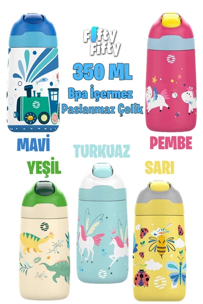 Vagonlife Çocuk 350 ML Pipetli Çelik Matara Paslanmaz Çelik Termos 5 Farklı Renk 2055-350ML