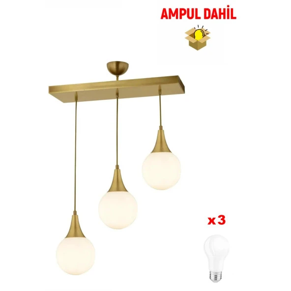 Apliqa Damla 3 Lü Sıralı Eskitme -Led Ampul  Dahil Modern Koridor Mutfak Salon Sarkıt Avize