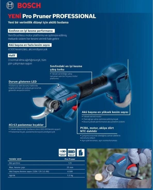 Bosch Pro Pruner 12 V 2 Ah Çift Akülü Dal Budama Makası + Bosch Taşıma Çantası - Resim 5