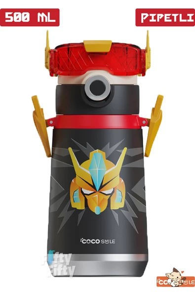CocoSmile Özel Kutulu 500 ML Pipetli Çelik Termos -Boyun Askılı- 4 Farklı Robot Modeli  cs0001 - 6