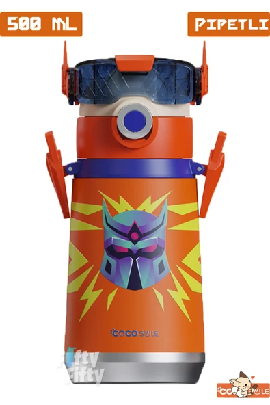 CocoSmile Özel Kutulu 500 ML Pipetli Çelik Termos -Boyun Askılı- 4 Farklı Robot Modeli  cs0001 - 11