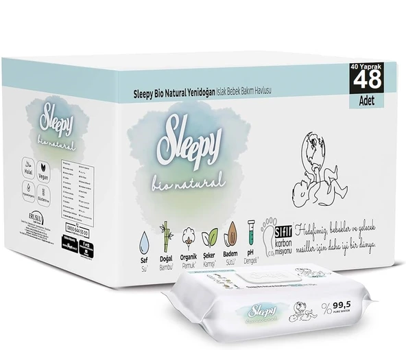 Sleepy Islak Havlu Mendil Bio Natural 40 Yaprak Yeni Doğan (48 Li Set) Plastik Kapaklı 1920 Yaprak ürün görseli 1
