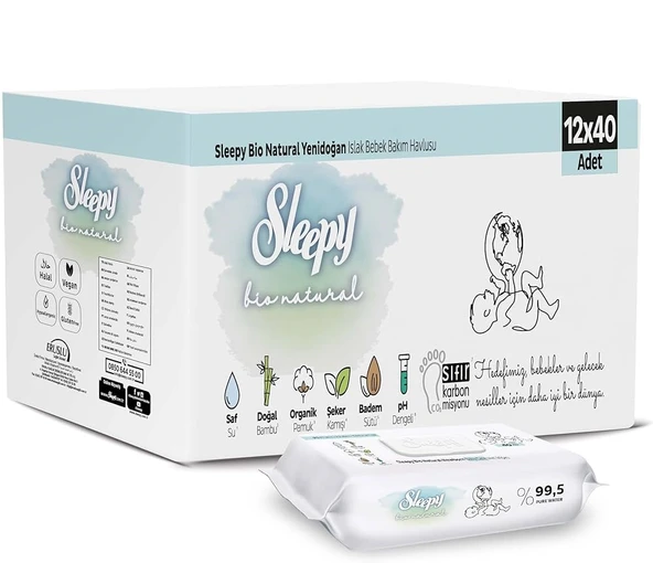 Sleepy Islak Havlu Mendil Bio Natural 40 Yaprak Yeni Doğan (12 Li Set) Plastik Kapaklı 480 Yaprak