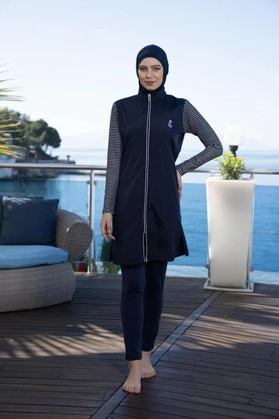 Estiva 24954 Marine Kollar Çizgili Tam Boy Tesettür Mayo - Resim 5