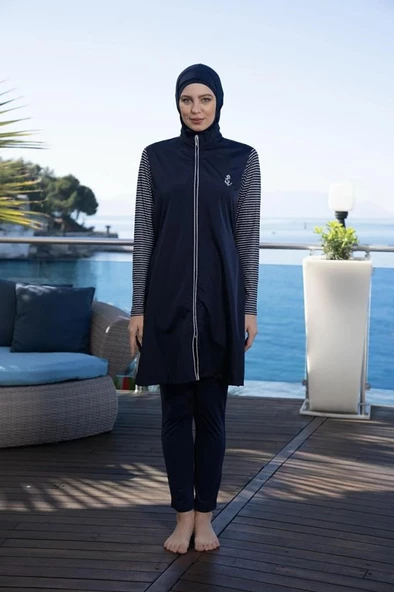 Estiva 24954 Marine Kollar Çizgili Tam Boy Tesettür Mayo - Resim 9