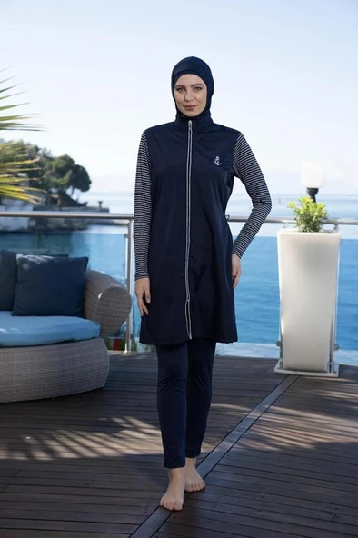 Estiva 24954 Marine Kollar Çizgili Tam Boy Tesettür Mayo - Resim 6