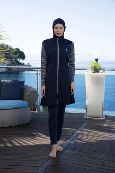 Estiva 24954 Marine Kollar Çizgili Tam Boy Tesettür Mayo - Resim 4