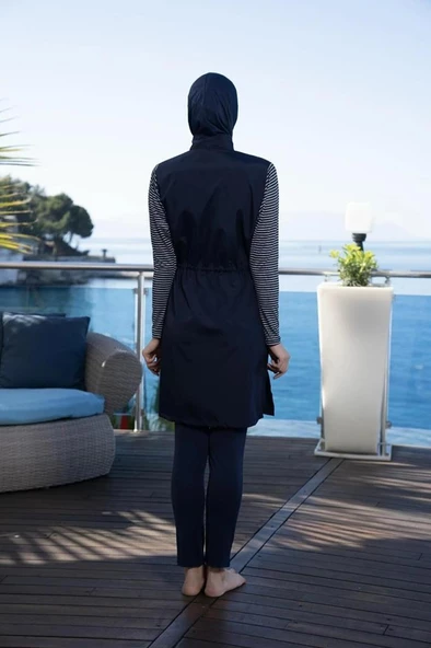 Estiva 24954 Marine Kollar Çizgili Tam Boy Tesettür Mayo - Resim 2