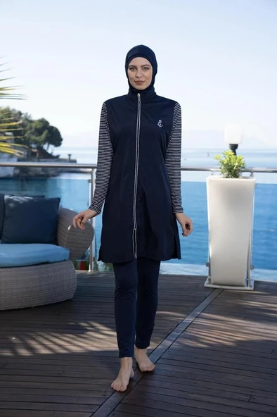 Estiva 24954 Marine Kollar Çizgili Tam Boy Tesettür Mayo - Resim 8