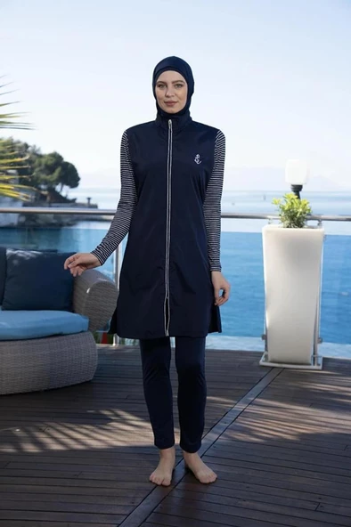 Estiva 24954 Marine Kollar Çizgili Tam Boy Tesettür Mayo - Resim 7