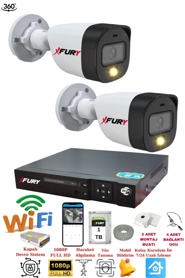FURY 2 Kameralı 1080P 2Mp Görüntü Gece Renkli Full Hd Ultra Led Gece Renkli Güvenlik Kamerası Seti 1TB ürün görseli