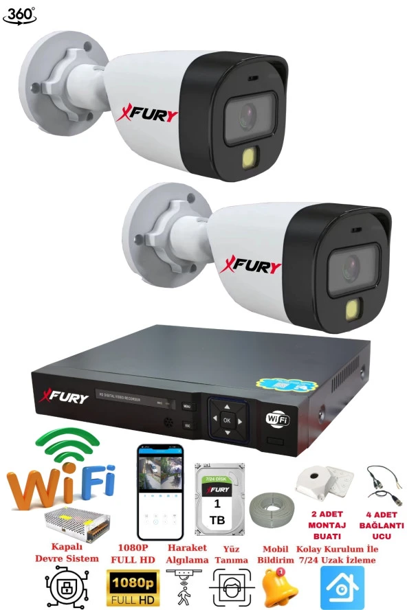 FURY 2 Kameralı 1080P 2Mp Görüntü Gece Renkli Full Hd Ultra Led Gece Renkli Güvenlik Kamerası Seti 1TB - Resim 2