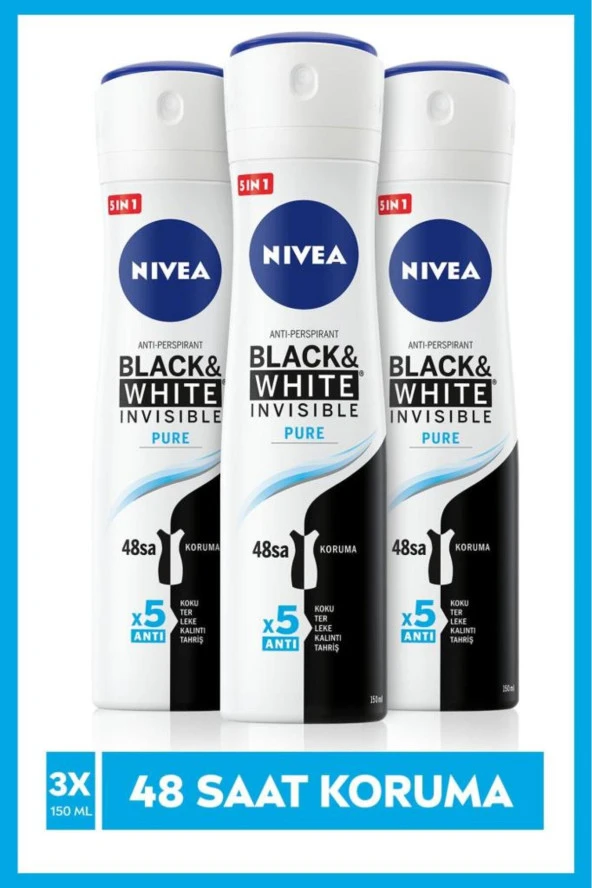 NIVEA Invısıble Black&Whıte Pure Sprey Deodorant 150Ml Kadın 3'Lü Paket