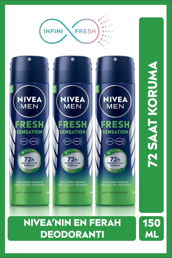 NIVEA Men Erkek Sprey Deodorant Fresh Sensation 150 Ml X3 Adet,72 Saat Anti-Perspirant Koruma