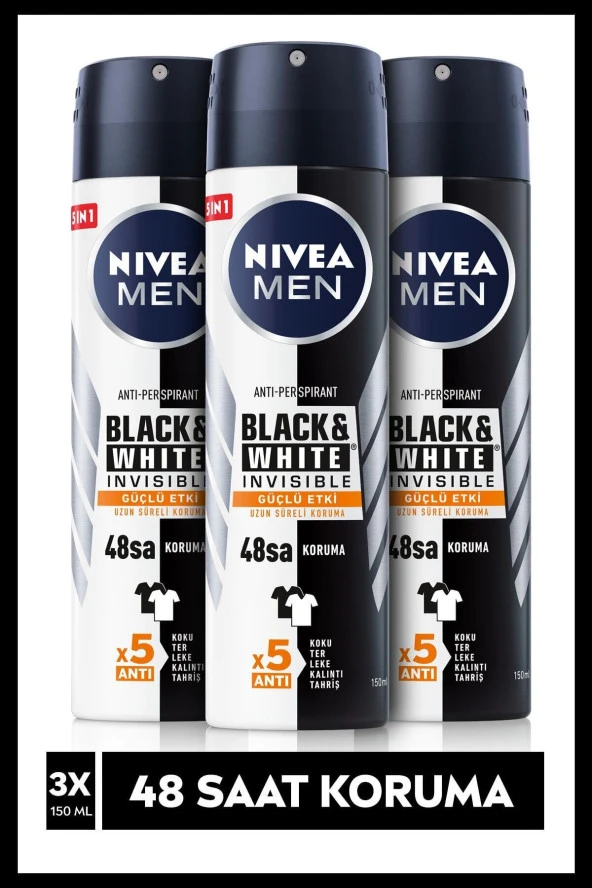 NIVEA Men Black&White Invisible Güçlü Etki Erkek Sprey Deodorant 150 Ml X3 Adet,48 Saat Anti-Perspirant