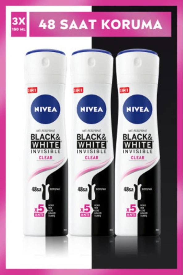 NIVEA Invısıble Black&Whıte Clear Sprey Deodorant 150Ml Kadın 3'Lü Paket