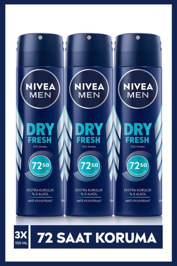 NIVEA Men Erkek Sprey Deodorant Dry Fresh 150 Ml X3 Adet,72 Saat Anti-Perspirant Koruma
