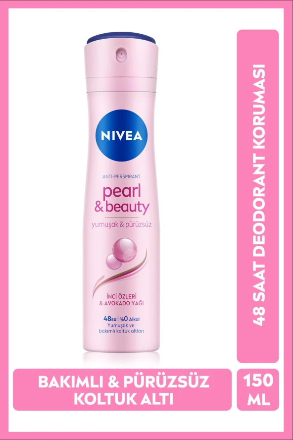 NIVEA Kadın Sprey Deodorant Pearl&Beauty 150Ml,Bakımlı,Pürüzsüz Koltuk Altı,48 Saat Koruma