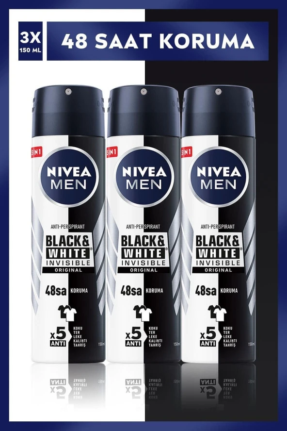 NIVEA Men Erkek Sprey Deodorant Black&White Invisible Original 150Mlx3Adet,48 Saat Anti-Perspirant Koruma