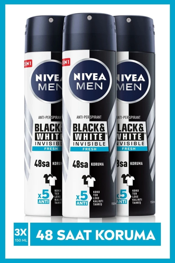 NIVEA Men Erkek Sprey Deodorant Black&White Invisible Original 150 Mlx3Adet,48 Saat Anti-Perspirant Koruma