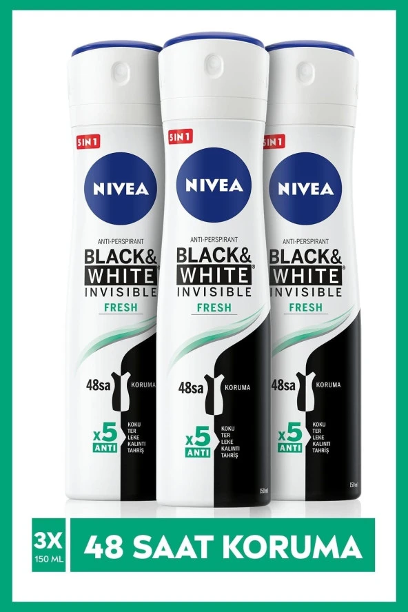 NIVEA Kadın Sprey Deodorant Black&White Invisible Fresh 150 Ml X3 Adet,48 Saat Anti-Perspirant Koruma