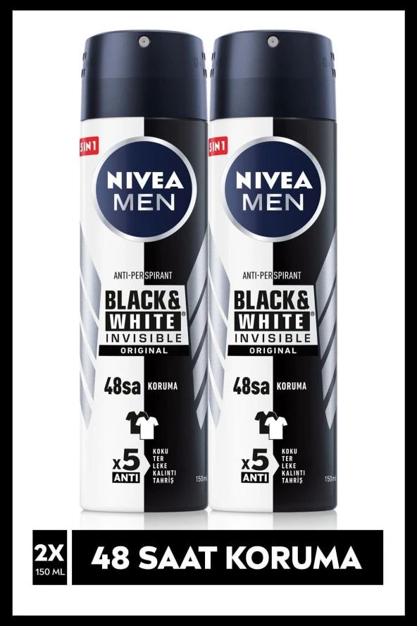 NIVEA Men Erkek Sprey Deodorant Black&White Invisible Original 150Mlx2Adet Anti-Perspirant, 48 Saat Koruma