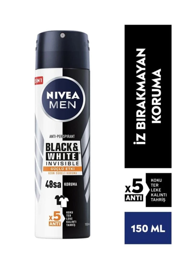 NIVEA Men Erkek Sprey Deodorant Black&White Invisible Güçlü Etki150Mlx5Adet,48 Saat Anti-Perspirant Koruma