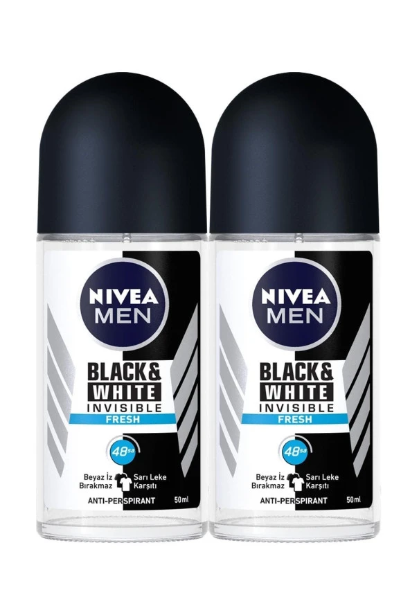 NIVEA Men Erkek Roll-On Deodorant, Black&White Fresh 50 Ml, X2 Adet, Ter Kokusuna Karşı 48 Saat Koruma
