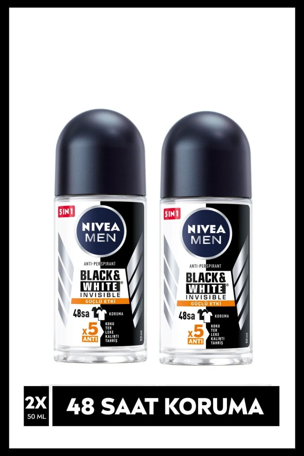 NIVEA Men Erkek Roll-On Deodorant Invisible Black&White,50Mlx 2 Adet, 48 Saat Koruma