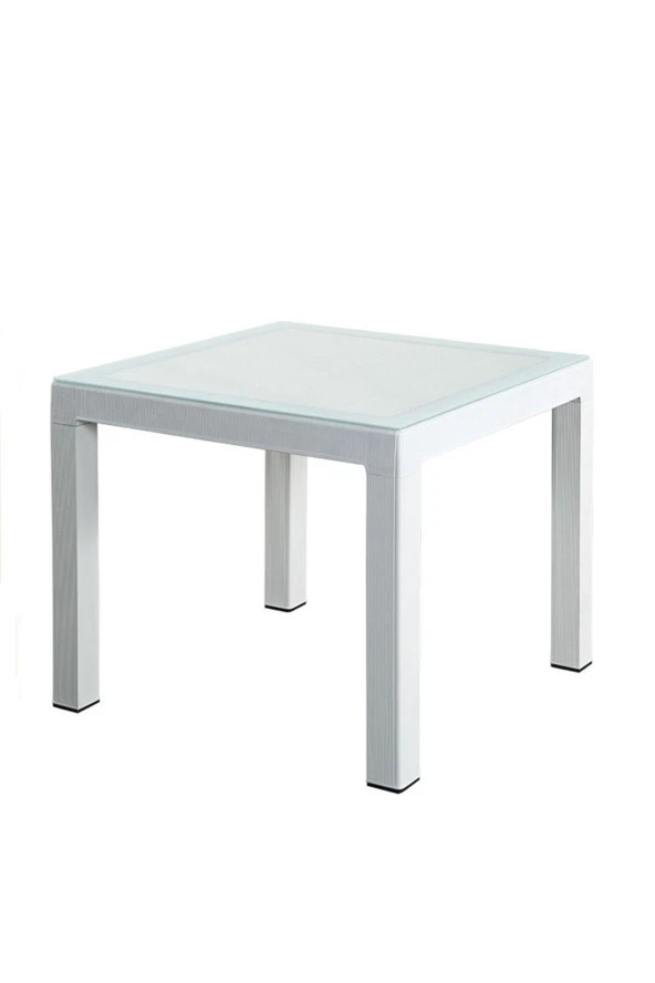 Almina Bambu Rattan Masa 90X90 Beyaz Camlı Masa