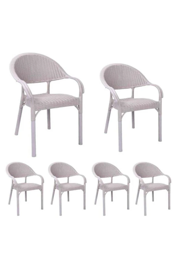 Almina Bambu Rattan Sandalye Kollu Koltuk Dayanıklı Bahçe Balkon Ve Teras Sandalyesi Krem 6 Adet