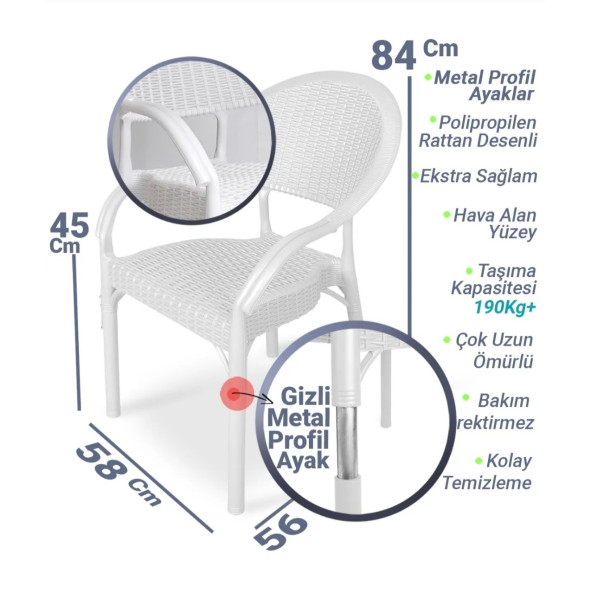 Hesapli Rattan Koltuk Beyaz- Plastik Bahçe Sandalyesi 6 Adet - 4